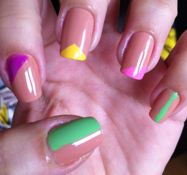 nude nails with colourful geometrical shapes